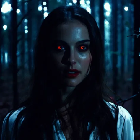 Found footage of a pale vampire woman with glowing red eyes with long straight hair in a spooky forrest, grainy picure, dim lighting,   natxportman,  <lora:natportman_gpt4_juggernautX_2_wocap-merger_21_65_83_04_02_04-natxportman:1.1>