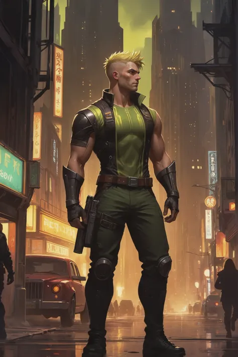 a man in a green outfit standing in the middle of a city