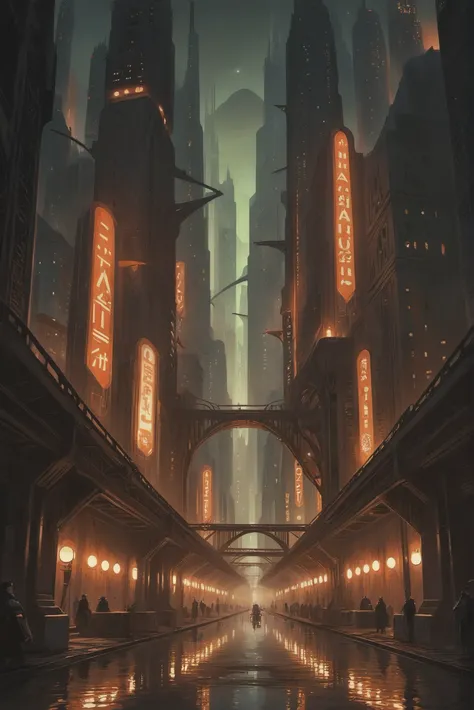 vertical art deco scifi city, subterranean scifi village outside of reality<lora:EnvyStarlightDieselpunk01:1:hr=0>