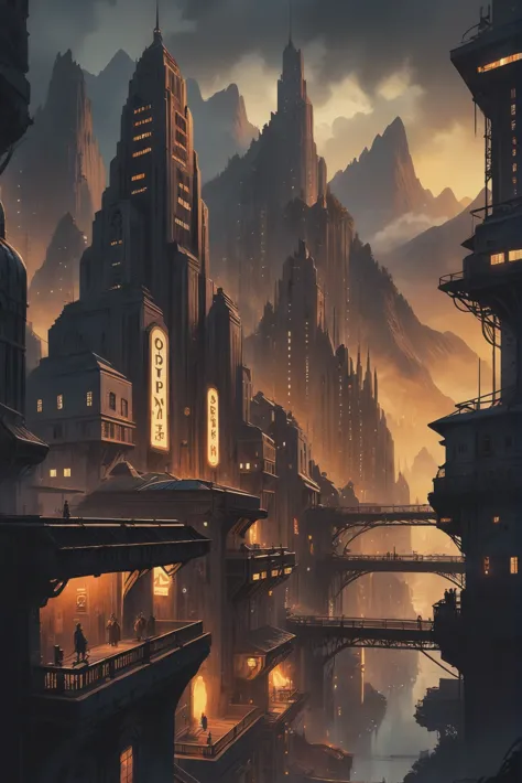 vertical art deco cyberpunk city, mountainside fantasy town in a Ghostly Moor<lora:EnvyStarlightDieselpunk01:1:hr=0>