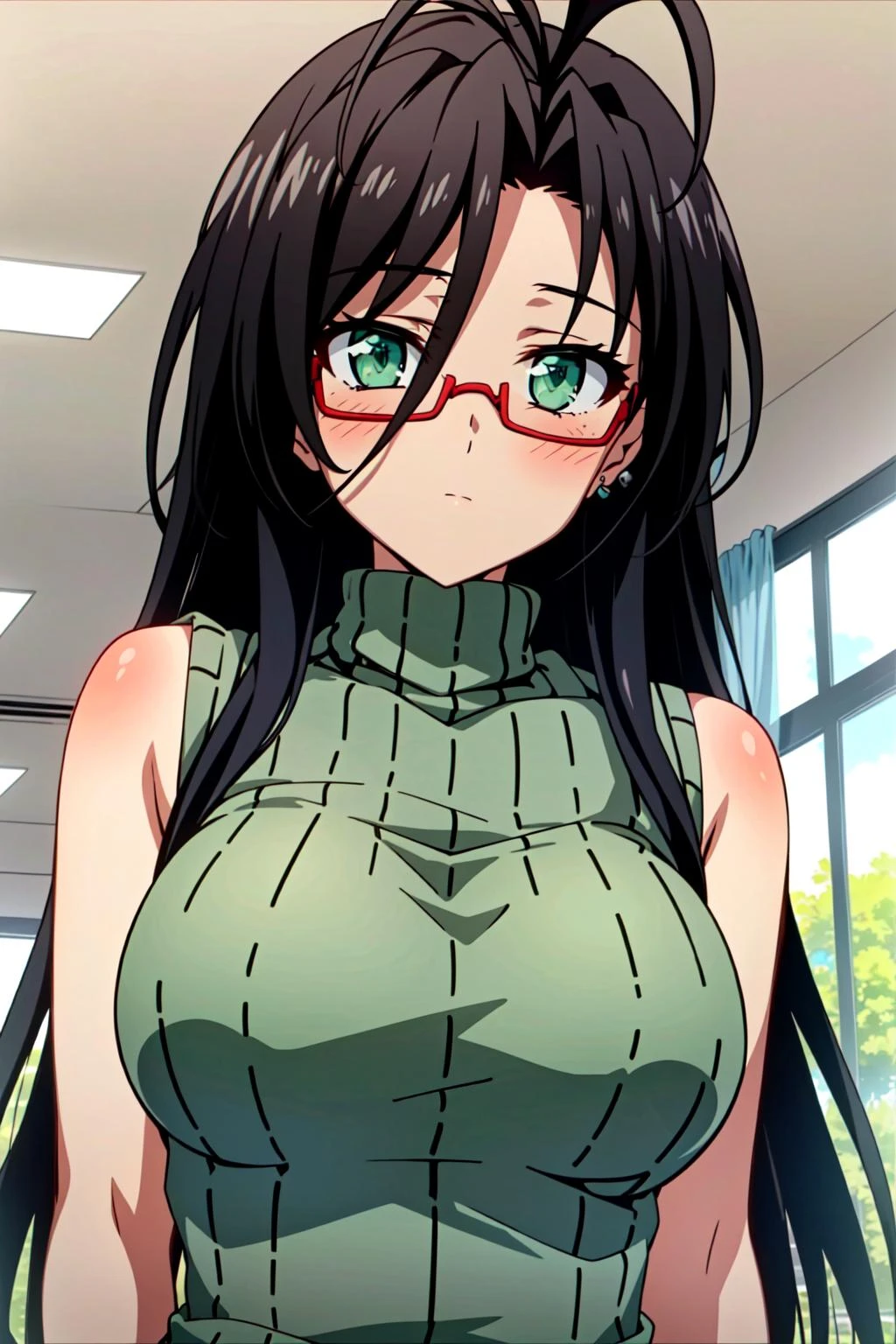A close up of a person with glasses and a green top - SeaArt AI