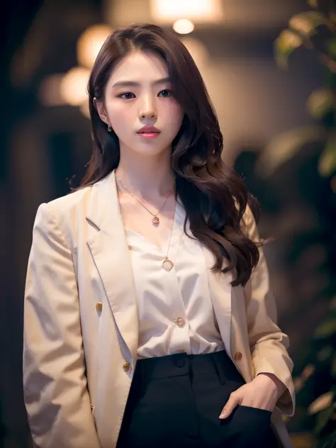 hansohee in blazer, necklace, outdoor,

rim lighting, two tone lighting, dimly lit, low key, 

analog style, hyper realistic lifelike texture dramatic lighting unrealengine trending on artstation,award winning photo,nikon RAW photo,8 k,Fujifilm XT3,masterpiece, best quality, realistic, photorealistic,ultra detailed,extremely detailed face, 

