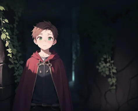 a man in a red cape standing in a dark forest