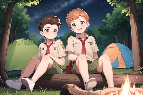 two young boys sitting next to a campfire in a forest