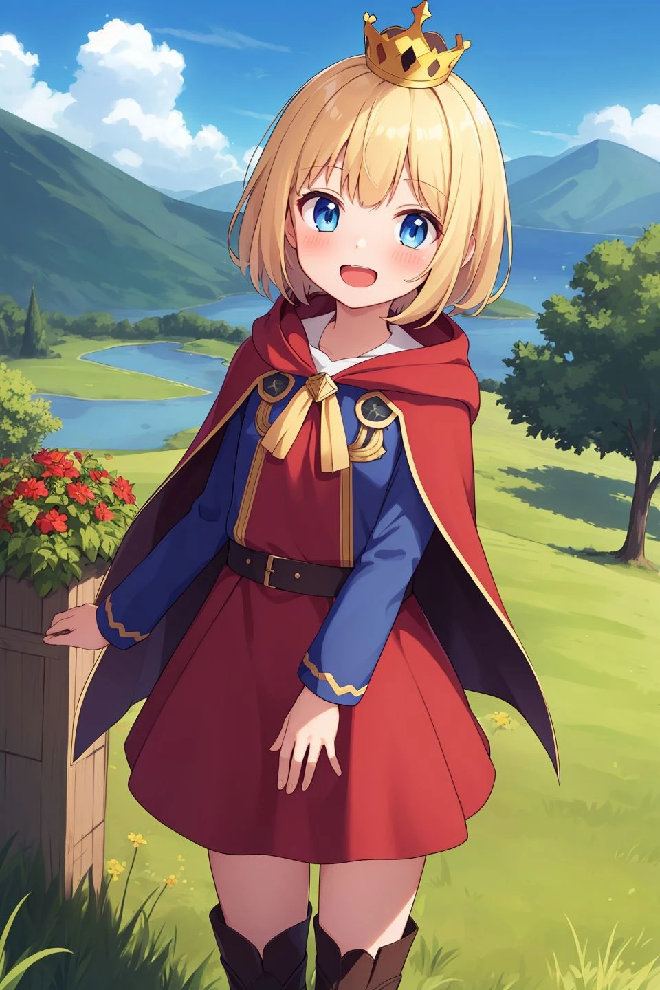 A girl in a red cape and a crown standing in a field - SeaArt AI