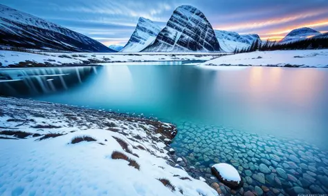 award winning photo a beautiful norway landscape, water, mountains, refractions, snow, realistic, cold colors, antview, natural,...