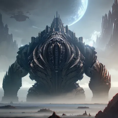 a humongous cyborg monster on the horizon, dutch angle from space view, concept art, high detail, intimidating, epic scale ultra...