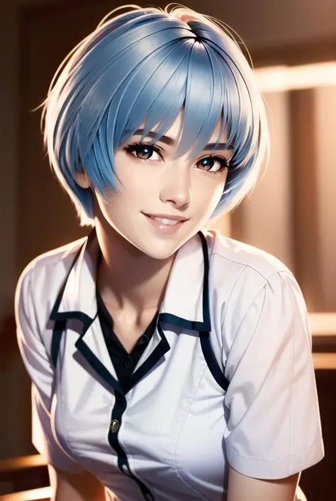 masterpiece portrait of smiling rei ayanami \(evangelion\), evangelion \(hideaki\), caustics, textile shading, high resolution i...