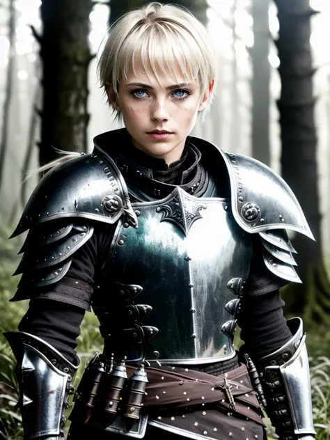 award winning waist up photo of a beautiful fantasy warrior, wearing torn black leather armor, dirty and tarnished and scratched silver pauldrons, blood covered, worn leather gloves, short blonde hair, bright blue eyes, dense forest in background, dark, ominous, foggy, high contrast, shiny skin, soft lighting, backlighting, bloom, light sparkles, chromatic aberration, sharp focus