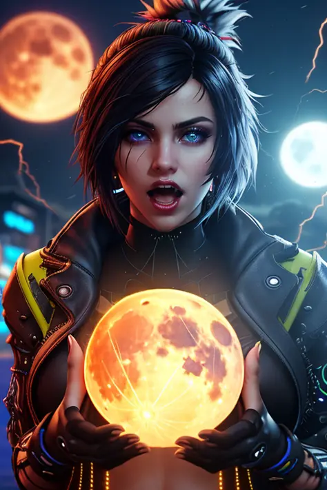 (closeup:1.2),  woman, centered, witch, dark, (huge moon, symmetric full moon:1.1), (wearing Cyberpunk transparent clothing:1.2), glossy, see-through clothes, vivid vibrant glowing neon toxic colors, triadic colors, glowing blue eyes, detailed pupils, glowing eyes, open mouth, teeth, cuspids, sharp teeth, wearing industrial goth clothes, neon lights, glowing colors, backlight, glowing contours, outline, gold highlights, spiderwebs, dripping blood, elegant, fit, fashion, biomechanical, lightning bolts at background, storm, tornado, disney artwork, unreal engine, artstation, detailed, digital painting, cinematic, unreal 5, daz, (hyperrealistic), octane render,