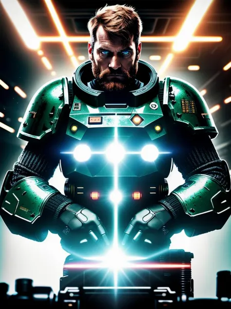 award winning waist up photo of a rugged dark science fiction space marine, wearing scratched and dented space marine gear, middle-aged, short copper hair and beard, green eyes, inside spaceship cockpit, electronic circuits hanging loose in background, fla...