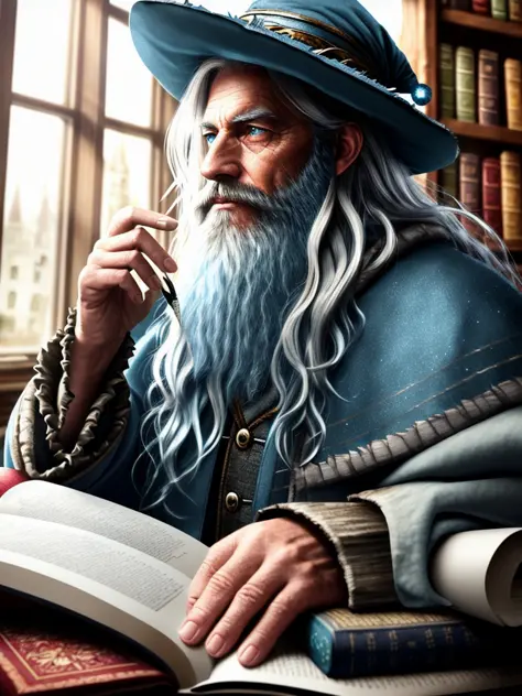 award winning waist up photo of a rugged fantasy wizard, 8k, wizard hat, wearing torn wizard robes, old and wrinkled, long white...