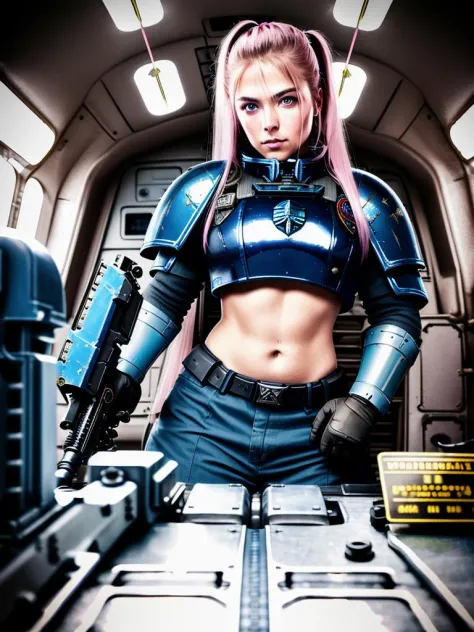 award winning waist up photo of a female dark science fiction space marine, rifle, wearing scratched and dented warhammer space ...