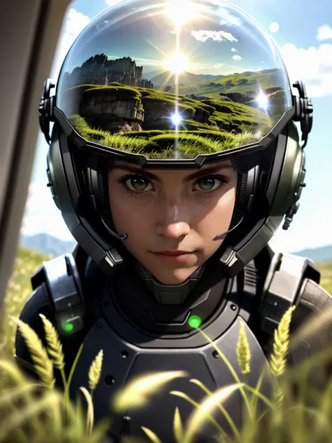 (warzone:1.2), award winning (full body:0.8) (portrait photo:1.1) of a female (sci-fi soldier:1.3) wearing helmet, beside an (ar...