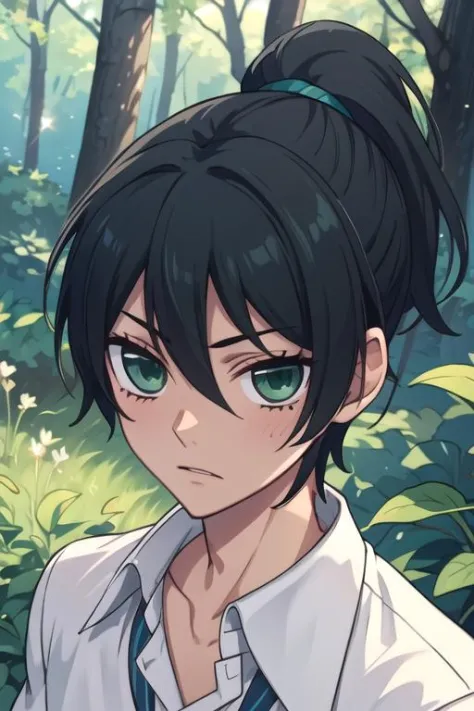 masterpiece, best quality, game cg, 1boy, solo, male focus, looking at viewer, upper body, depth of field, <lora:kanade_yuzuriha:0.74>, kanade_yuzuriha, black hair, green eyes, ponytail, short sleeve shirt, , The Enchanted Forest, 16k resolution