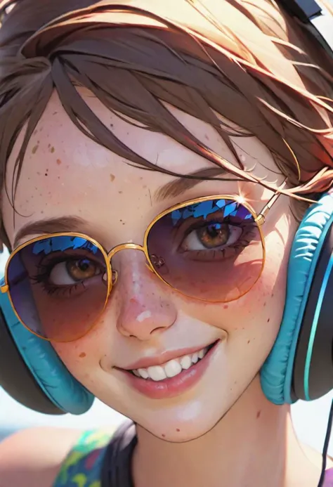 a close up of a girl wearing headphones and sunglasses