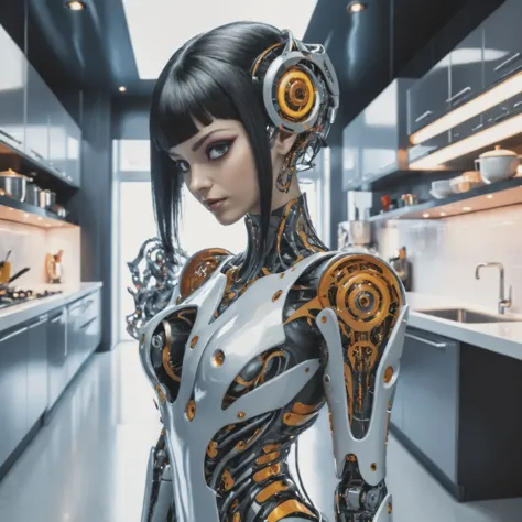 biomechanical style, woman flirting with with the kitchen, masterpiece, superior aesthetics, <lora:Wiz-VintageComicBookCover_v01:1.4>, eye-catching, highly detailed, blend of organic and mechanical elements, futuristic, cybernetic, detailed, intricate