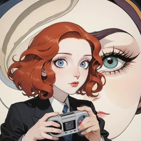 anime girl with red hair holding a camera and looking at the camera