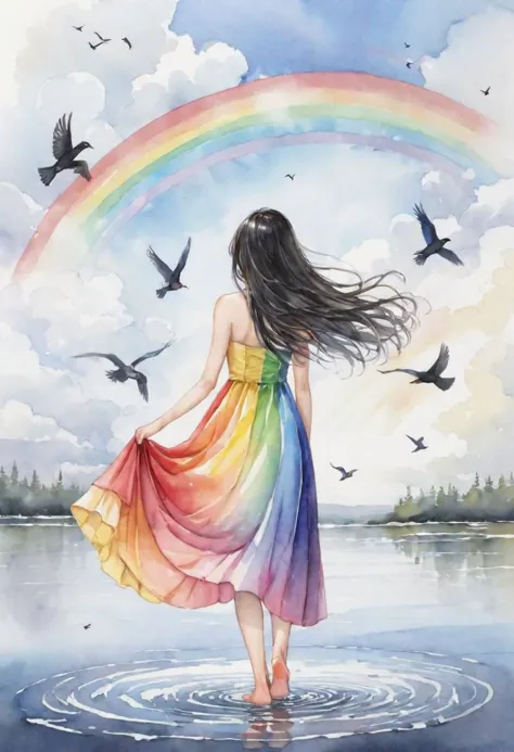 masterpiece, best quality, absurdres, illustration, watercolor, 
1girl, solo, long hair, black hair, dress, skirt hold, wading, sleeveless, barefoot, bare shoulders, standing, from behind, 
outdoors, cloud, sky, bird, water, rainbow,