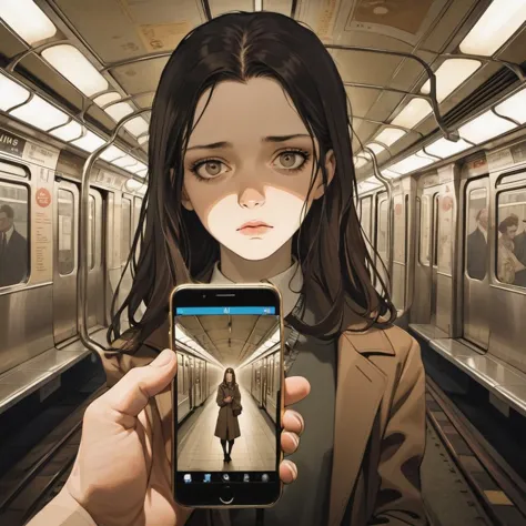 Holding up a cellphone showing a haunting scene. Bella Delphine, in a subway looking down at viewer, sad detailed eyes, by the master Egon Schiele. Award winning direction by Ridley Scott, wide angle lens, The Matrix lighting and filter. Titled: The memory of loss <lora:DI_belle_delphine_sdxl_v1:0.35>  <lora:CH:0.45> tj, abstract