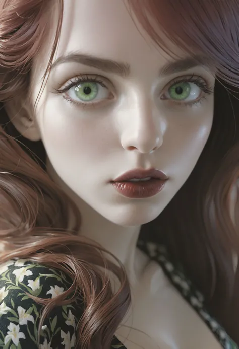 a close up of a woman with long red hair and green eyes