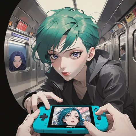 anime boy with green hair holding a nintendo wii game controller