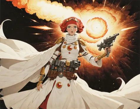 A female robotic weapons platform, levitating, emanating power, wearing Israeli contemporary fashion and a volumized headscarf (tichel), by Ridley Scott. Award winning animation titled: The savior of Jerusalem. Surrounding her are armed soldiers, firing, while she points and fires a massive blast <lora:colorful_sdxl_v2_lbw:1> <lora:kl1m:0.8> <lora:Bas_Waijers_-_Artstyle_Style_SDXL:0.6> <lora:StudioGhibli.Redmond-StdGBRRedmAF-StudioGhibli:1>  SK_ANALOGFILM