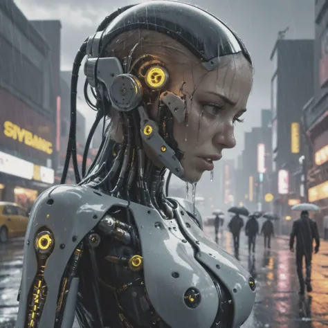 a close up of a woman in a futuristic suit with a head of wires