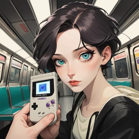 Belle Delphine looking down at a small boy playing gameboy, layered eyes, by the master Egon Schiele and tj, xh, titled: neurotic erotic. Animation directed by Ridley Scott, New York subway, fisheye capture, The Matrix light and filter. <lora:CH:0.6> <lora:DI_belle_delphine_sdxl_v1:0.35>  <lora:DetailedEyes_V3:0.6>