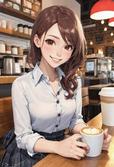 1girl, sitting in a coffee shop, big smile, coffee cup in hand, skirt, button up shirt