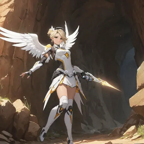 (masterpiece, best quality, beautiful, anime, realistic), 1girl, mercy, overwatch, angel, lost in a cave, , arms up