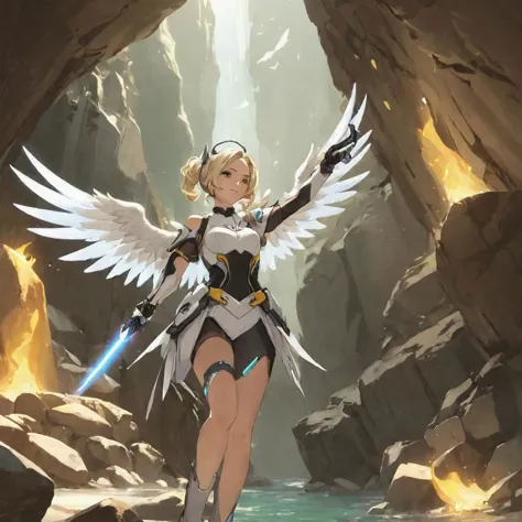 (masterpiece, best quality, beautiful, anime, realistic), 1girl, mercy, overwatch, angel, lost in a cave, , arms up