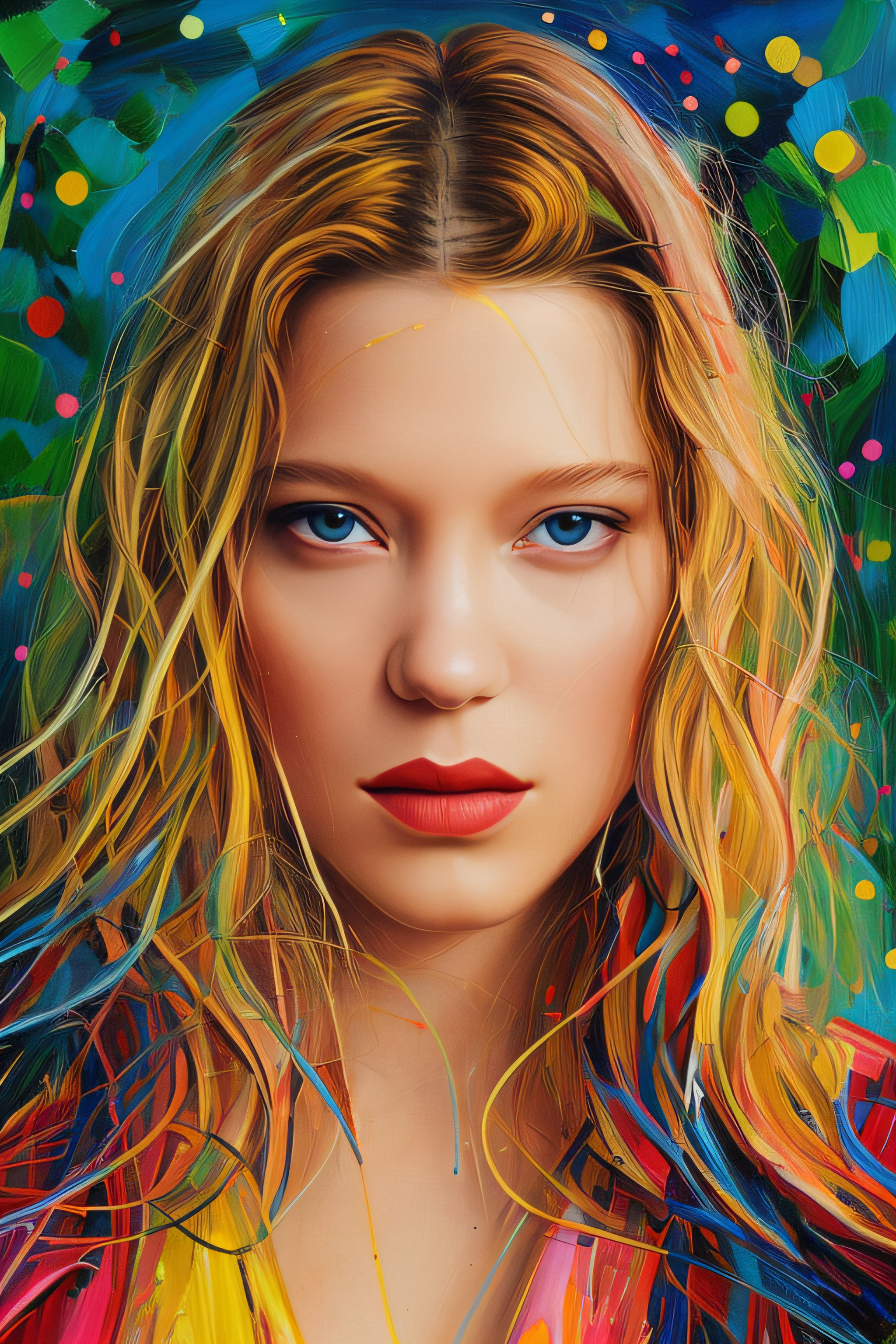 A painting of a woman with colorful hair and blue eyes - SeaArt AI