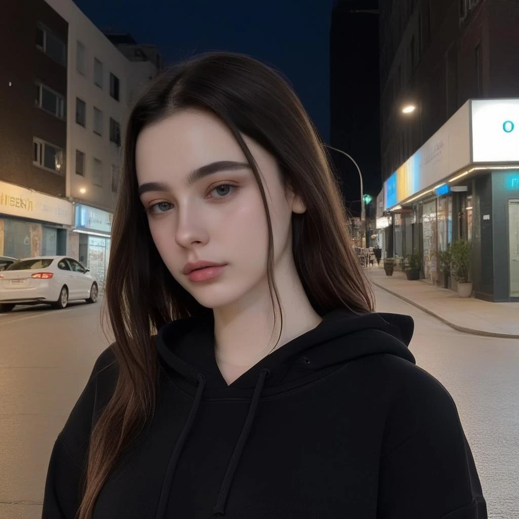 a photo of Dasha Taran, ohwx woman, wearing a black hoodie, standing on a city street, detailed skin, imperfections, blemishes, at night 