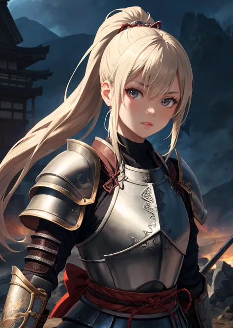 masterpiece, best quality, ultra detailed,8k, 4k, intricate,highly detailed,detailed face,(extremely detailed fine touch:1.2), (half-body-shot:1.2)
BREAK
samurai woman in armor standing in a battlefield,armor,ponytail,japanese,fantasy,solo focus,epic,upper body,outdoors,looking at viewer,