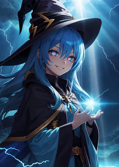 best quality, solo, astcasual, blue slime skin, blue hair, witch robes, smirking eyes, smile, symbol-shaped pupils, lightning witch, lightning, light particles, light rays, wallpaper, colorful,