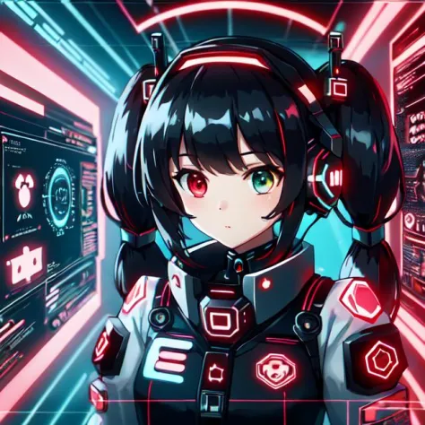 cute girl in cyberspace, hyperspace, hacking a futuristic computer network, hackingui, user interface, hud, red and black , perfect hair, perfect face, Heterochromia, multicolored hair, computer screen, screen, behind screen, {{braid}}, short hair, headphones, headset, twintails, mecha, mecha musume, mechanical body, mechanical arms,   