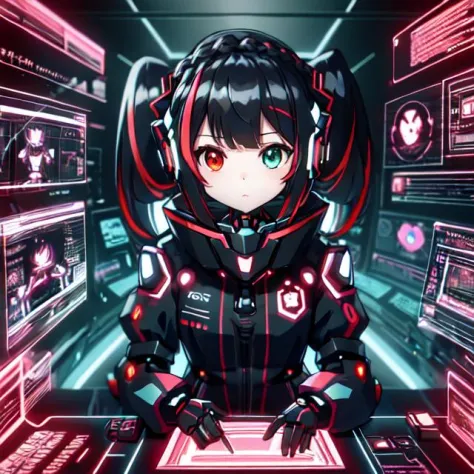 cute girl in cyberspace, hyperspace, hacking a futuristic computer network, hackingui, user interface, hud, red and black , perf...