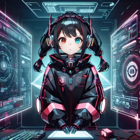 menina bonito no ciberespaço, Hiperespaço, hackeando uma rede de computadores futurista, hackingui, interface de usuário, hud, vermelho e preto , cabelo perfeito, Rosto Perfeito, Heterochromia, cabelo multicolorido, computer tela, tela, behind tela, {{Trança}}, cabelo curto, fones de ouvido, fone de ouvido, twintails, Mecha, Mecha musume, Mechanical body, Mechanical arms,   