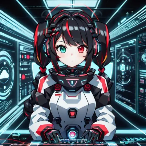 menina bonito no ciberespaço, Hiperespaço, hackeando uma rede de computadores futurista, hackingui, interface de usuário, hud, vermelho e preto , cabelo perfeito, Rosto Perfeito, Heterochromia, cabelo multicolorido, computer tela, tela, behind tela, {{Trança}}, cabelo curto, fones de ouvido, fone de ouvido, twintails, Mecha, Mecha musume, Mechanical body, Mechanical arms,   