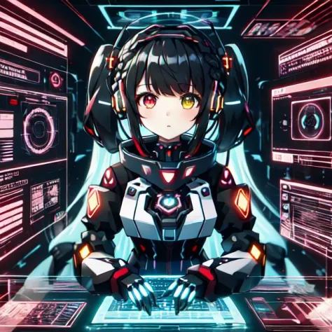 cute girl in cyberspace, hyperspace, hacking a futuristic computer network, hackingui, user interface, hud, red and black , perf...