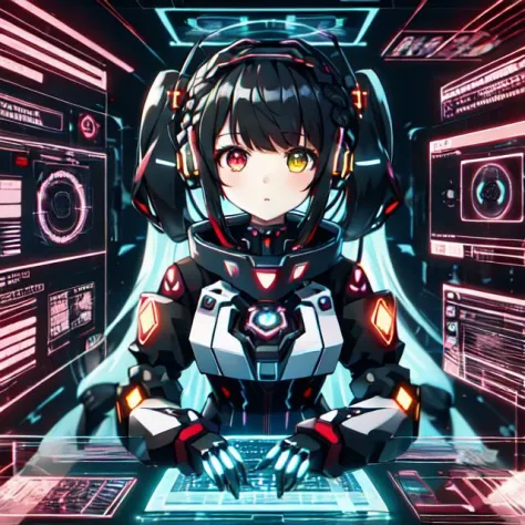 cute girl in cyberspace, hyperspace, hacking a futuristic computer network, hackingui, user interface, hud, red and black , perfect hair, perfect face, Heterochromia, multicolored hair, computer screen, screen, behind screen, {{braid}}, short hair, headphones, headset, twintails, mecha, mecha musume, mechanical body, mechanical arms,   