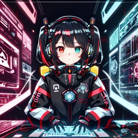 cute girl in cyberspace, hyperspace, hacking a futuristic computer network, hackingui, user interface, hud, red and black , perf...