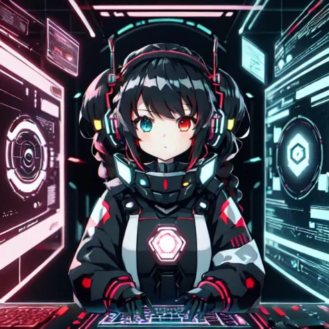 cute girl in cyberspace, hyperspace, hacking a futuristic computer network, hackingui, user interface, hud, red and black , perf...