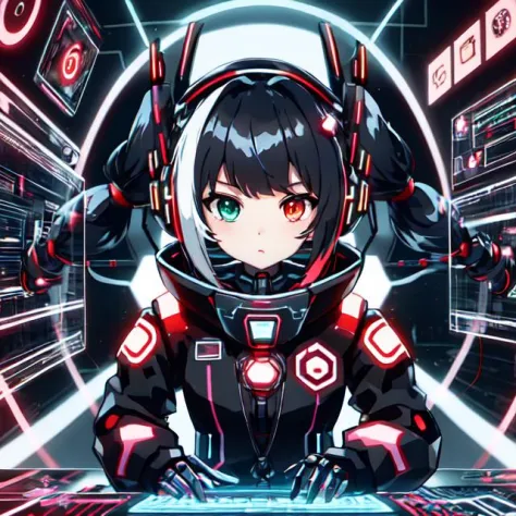 cute girl in cyberspace, hyperspace, hacking a futuristic computer network, hackingui, user interface, hud, red and black , perfect hair, perfect face, Heterochromia, multicolored hair, computer screen, screen, behind screen, {{braid}}, short hair, headphones, headset, twintails, mecha, mecha musume, mechanical body, mechanical arms,   