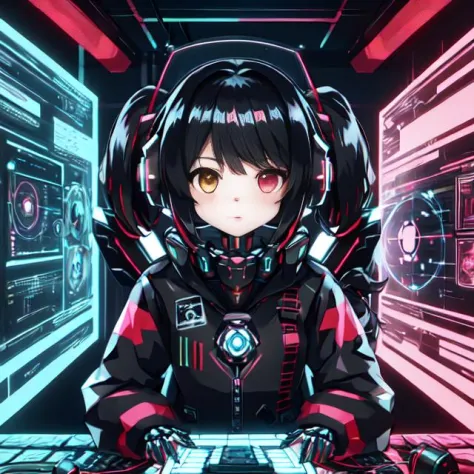 cute girl in cyberspace, hyperspace, hacking a futuristic computer network, hackingui, user interface, hud, red and black , perfect hair, perfect face, Heterochromia, multicolored hair, computer screen, screen, behind screen, {{braid}}, short hair, headphones, headset, twintails, mecha, mecha musume, mechanical body, mechanical arms,   