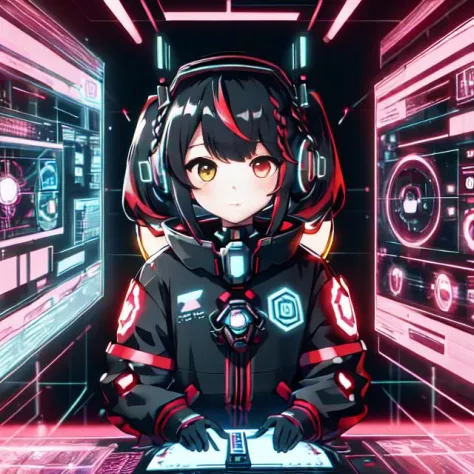 cute girl in cyberspace, hyperspace, hacking a futuristic computer network, hackingui, user interface, hud, red and black , perf...