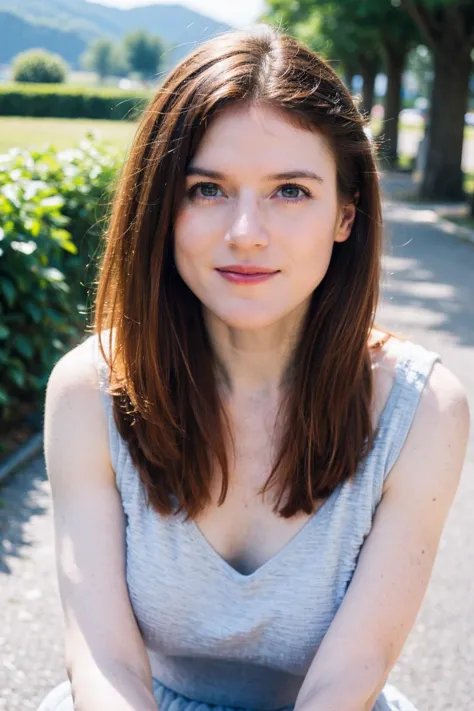 a close up of a woman sitting on a bench in a park