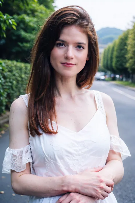 1girl,realistic,best quality,medium breasts:1.3),smile,(picturesque:1.3),dress,(upper_body:1.2),<lora:Rose Leslie:0.9>,(brown hair:1.2),