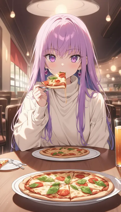 anime girl eating pizza in a restaurant with a glass of beer